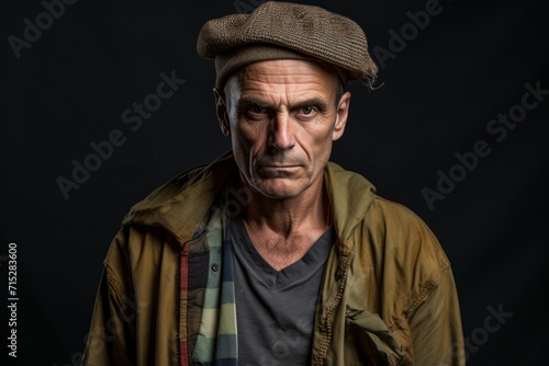 Portrait of an elderly man wearing a cap and jacket on a black background © Inigo