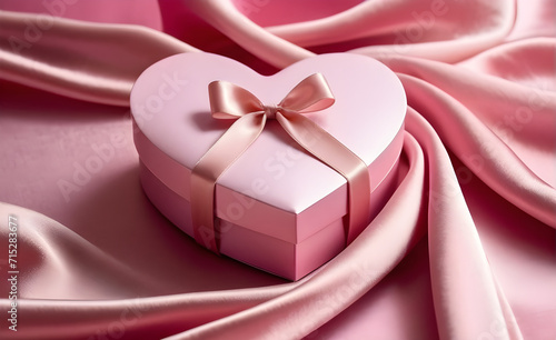 Heart-shaped gift box, nestled on a backdrop of smooth soft pink silk, Valentine's Day, Christmas. Generative AI
