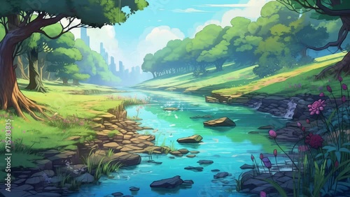 Animated illustration of a tropical river in the middle of a forest with natural views and a peaceful atmosphere. Background animation.