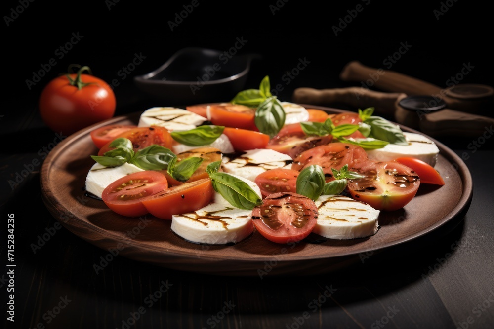  a plate of mozzarella, tomatoes, and basil on a wooden table with a knife and fork in the background.
