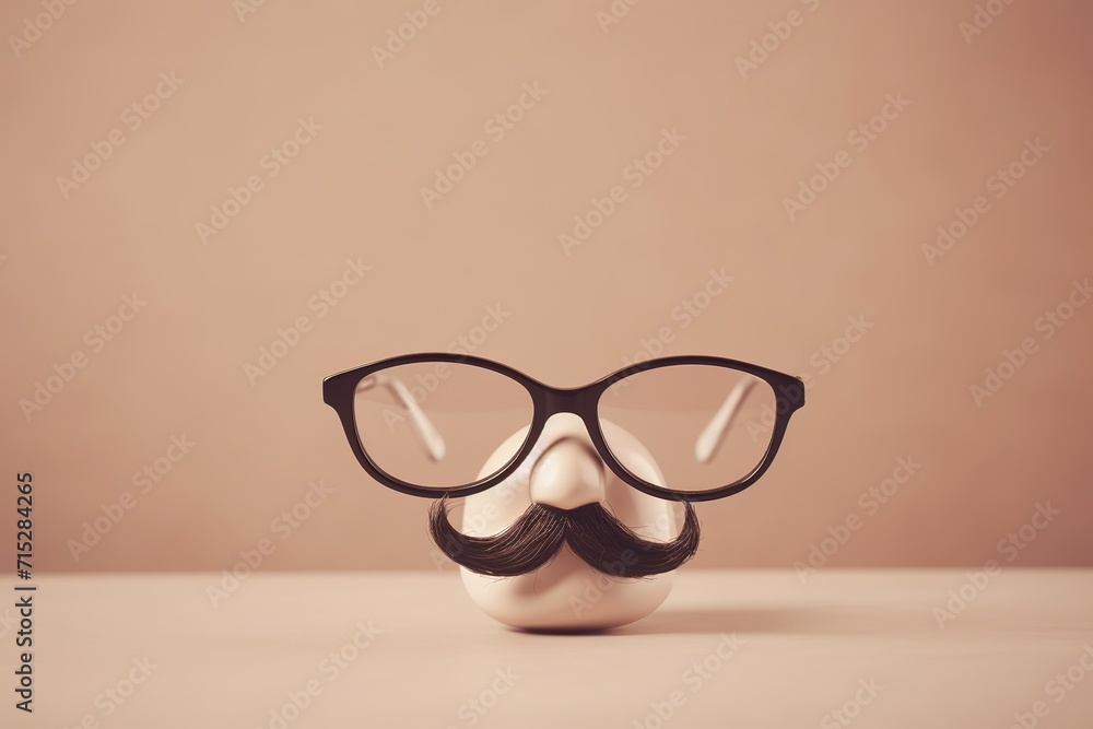 Eyeglasses and mustache on egg against beige background, concept for disguise or funny face. Eyeglasses and mustache on egg against beige background, concept for disguise or funny face.