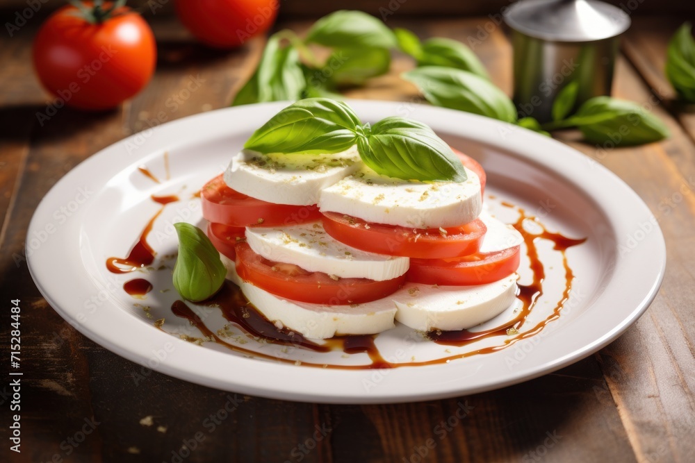  a plate of mozzarella, tomatoes, and basil on a wooden table with a shaker in the background.