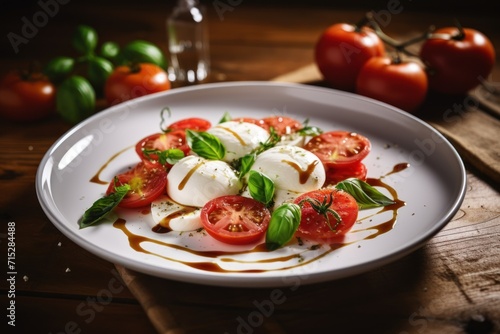  a plate of mozzarella, tomatoes, basil, and mozzarella sauce with a glass of wine in the background.