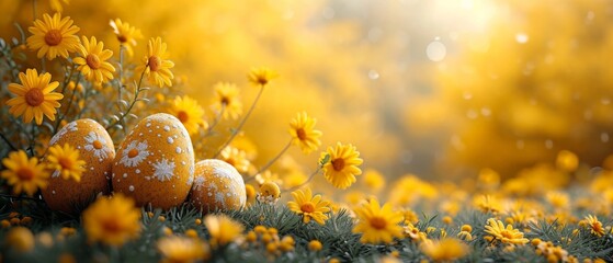 Nest with easter eggs in grass on a sunny spring day .easter flowers on a yellow-toned decoration, banner, panorama, and studio background, Free Copy Space