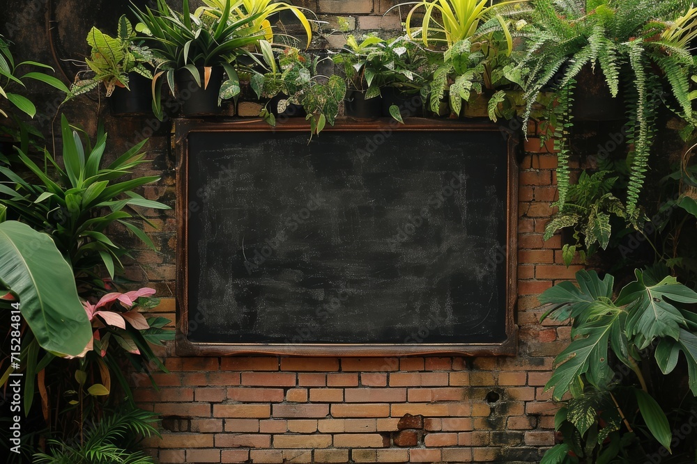 a blackboard in front of a brick wall with plants