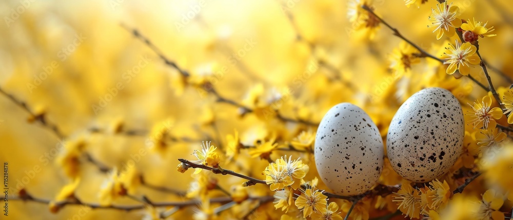 Nest with easter eggs in grass on a sunny spring day .easter flowers on a yellow-toned decoration, banner, panorama, and studio background, Free Copy Space
