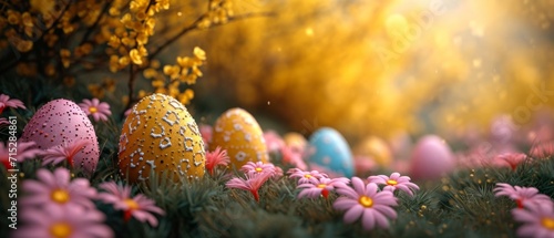 Nest with easter eggs in grass on a sunny spring day .easter flowers on a yellow-toned decoration, banner, panorama, and studio background, Free Copy Space © ND STOCK
