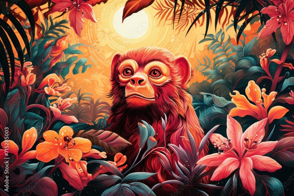  a painting of a monkey in a jungle with flowers and a bird in the sky in the middle of the painting.