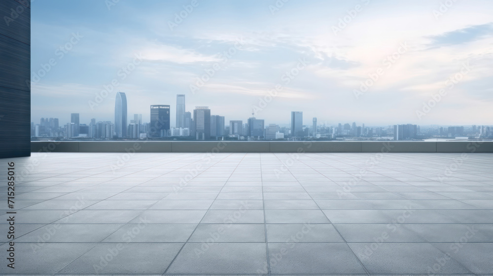 Empty square floor and city skyline with building background.