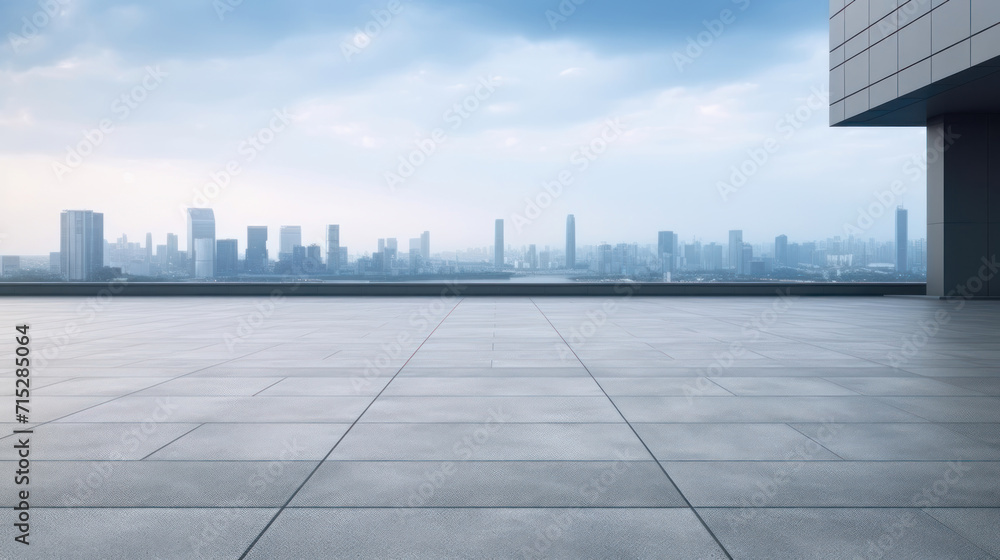 Empty square floor and city skyline with building background.