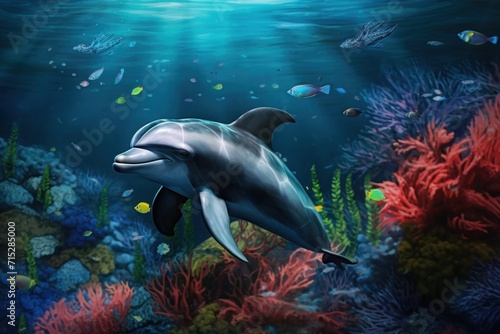  a painting of a dolphin swimming in the ocean with corals and other marine life in the foreground and a full moon in the background.