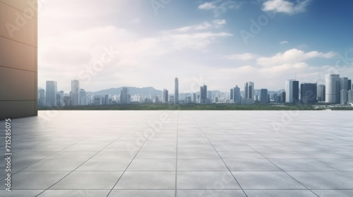 Empty square floor and city skyline with building background.