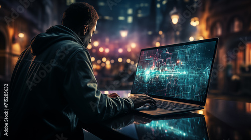 An over-the-shoulder view of a person in a hooded jacket typing on a laptop displays a complex cybersecurity interface, suggesting hacking or digital security work.
 photo