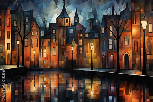 Illustration of an old european city at night with reflections