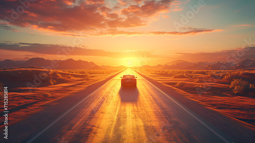 3d car sedan rides on the road to meet the sun, concept 3d render for advertising auto products. generative ai
