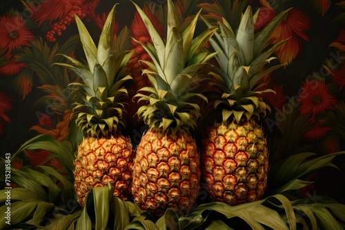  a group of pineapples sitting next to each other on top of a bed of green leaves and flowers.
