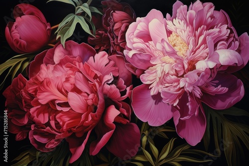  a painting of pink and red peonies with green leaves on a black background  with a black background.