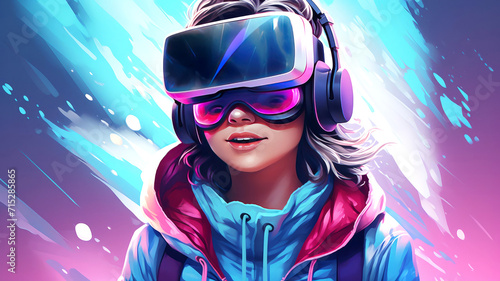 Young woman wearing a virtual reality headset on a color background. Concept of virtual reality  games  entertainment and communication. Communication  technology  new generation.