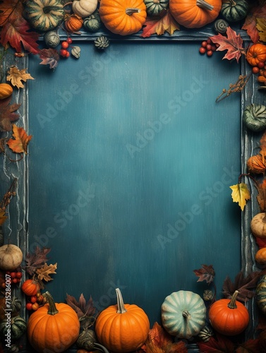Autumn leaves and pumpkins frame a frame with white text on a dark background.