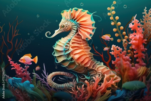  a painting of a seahorse in the ocean with corals and other marine life on the bottom of the picture.