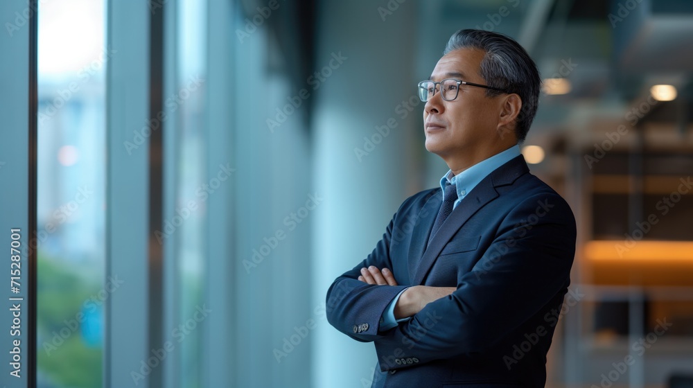 Senior Asian businessman wearing suit standing in office arms crossed looking away thinking of success. Senior Asian businessman wearing suit standing in office arms crossed looking away thinking of success.