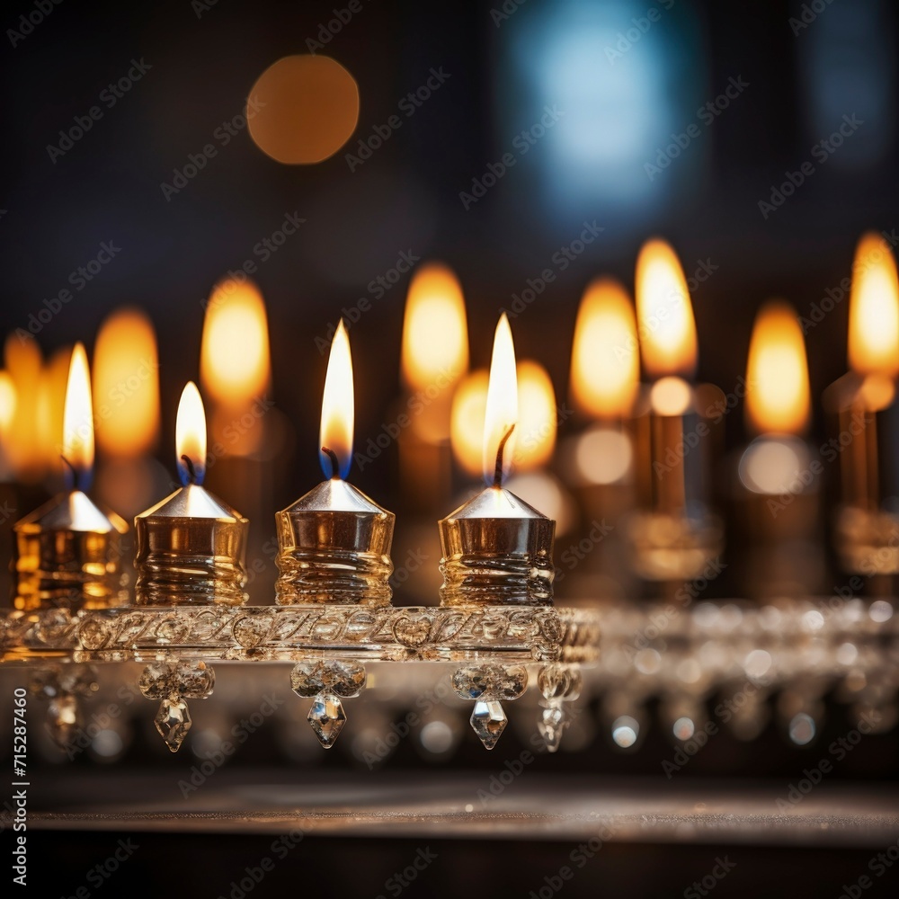 Golden Hanukkah menorah with lit candles in a warm, festive setting. Golden Hanukkah menorah with lit candles in a warm, festive setting.