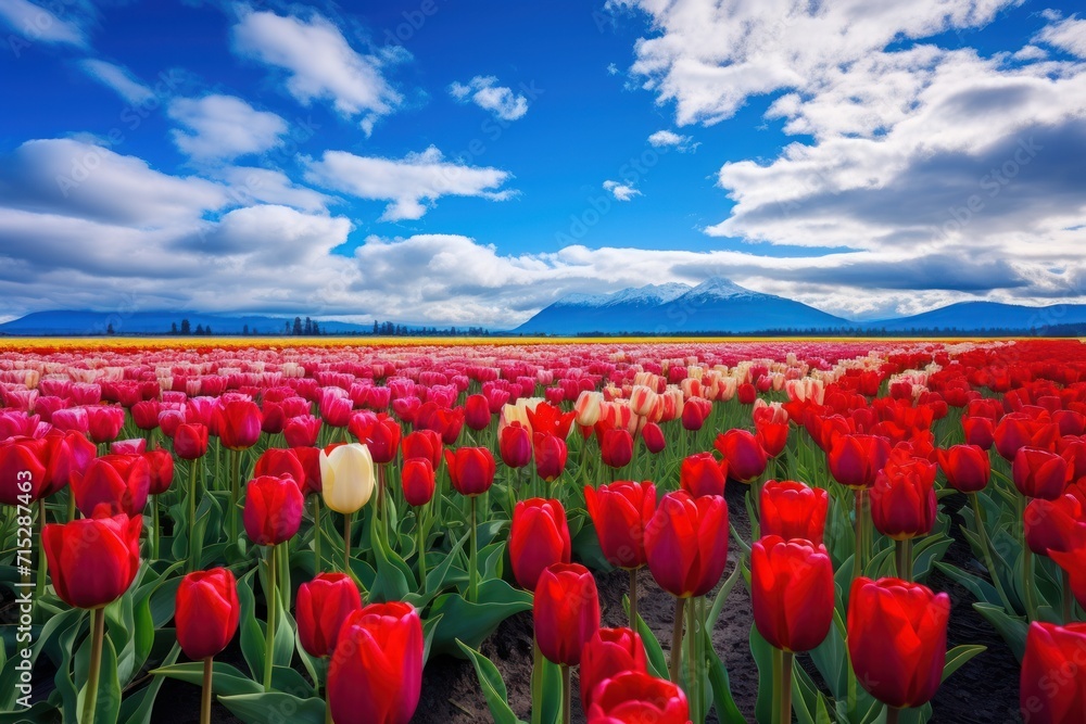 a field full of red and white tulips under a blue sky with a mountain range in the background. a field full of red and white tulips under a blue sky with a mountain range in the background.