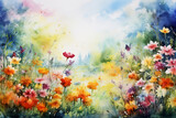 Vibrant watercolor painting of a wildflower meadow with a sunny backdrop.