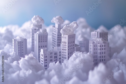 skyscraper models made of paper surrounded by clouds with purple ambient