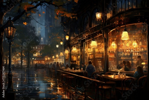 Digital painting of a cozy café on a rainy evening, bustling with city life.