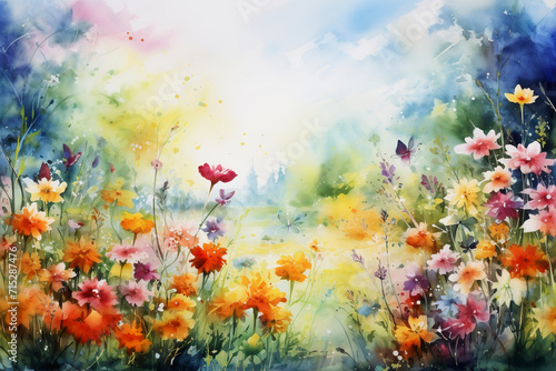 Vibrant watercolor painting of a wildflower meadow with a sunny backdrop. © NS