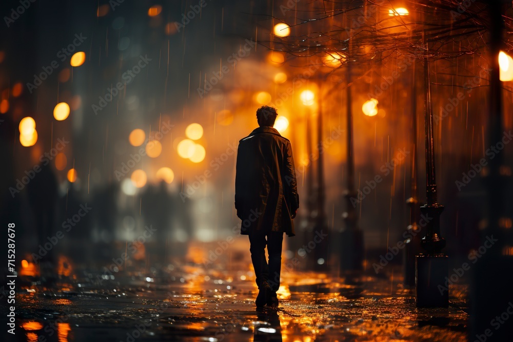 A lone figure walks under streetlights on a rainy city night. A lone figure walks under streetlights on a rainy city night.