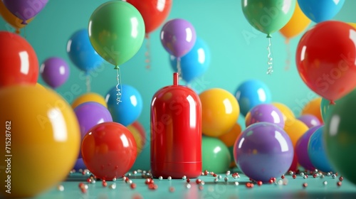 A group of balloons gathered around a helium tank each one trying to outdo the others as they fill up with air in this comical inflation contest photo