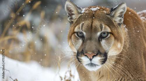 Closeup of a weathered cougar its face marked with scars and battle s from its life in the unforgiving snowy landscape. Despite its rugged appearance there is still a hin photo