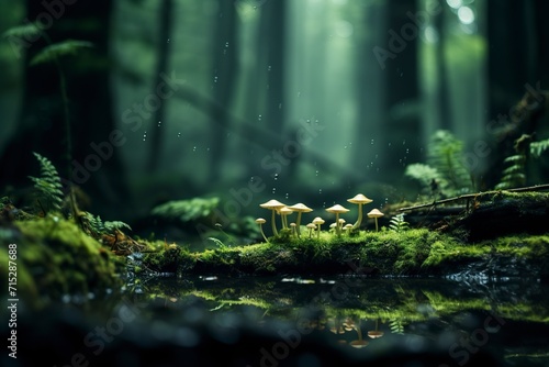 Mystical mushrooms growing in an ethereal forest scene.