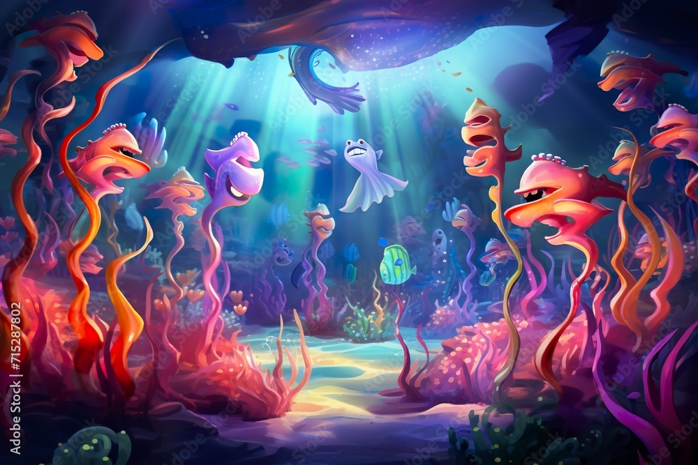 Obraz premium Colorful fish resembling flowers perform a chorus in a mystical sea.