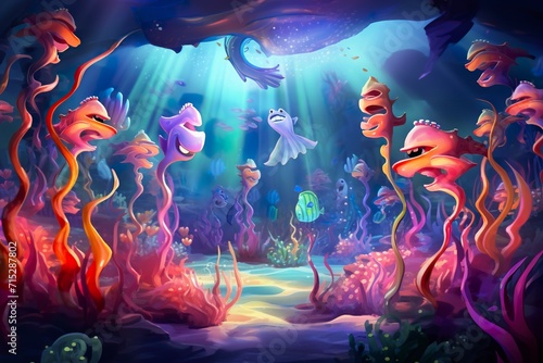 Colorful fish resembling flowers perform a chorus in a mystical sea.