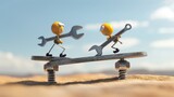 In a nod to clic cartoons two wrenches are using a seesaw to turn a nut but things go haywire when one wrench jumps off and the other goes flying in a silly scene