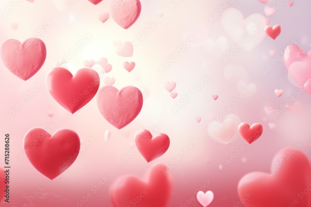  a bunch of hearts floating in the air on a pink and white background with a blurry sky in the background.