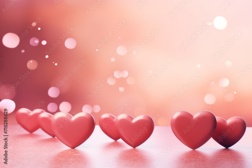  a row of red hearts sitting on top of a pink counter top in front of a pink and red background.