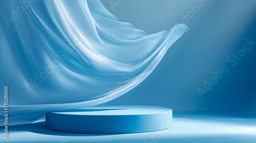 3d podium or product presentation stand with silk fabric flying wave in the background. Luxury lite blue theme fashion premium product photography empty room generated by ai photo