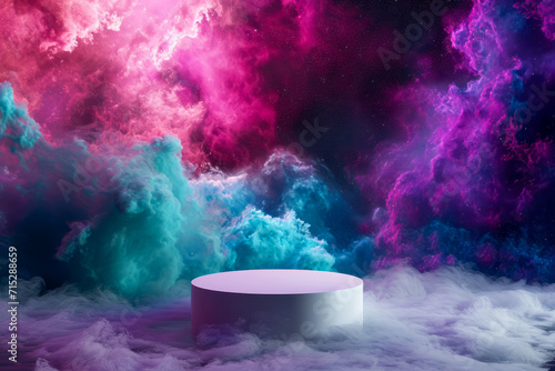 Floating Podium in a Nebula, a small sleek white podium floating serenely in the midst of a colorful nebula. nebula swirls with vibrant hues of purple, blue, and pink, podium for product presentation photo
