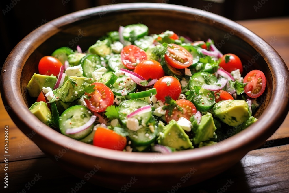 a wooden bowl filled with a salad of cucumbers, tomatoes, onions, and cucumber slices. a wooden bowl filled with a salad of cucumbers, tomatoes, onions, and cucumber slices.