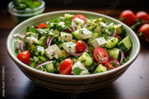  a salad with cucumbers, tomatoes, onions, and feta cheese in a white bowl on a wooden table.