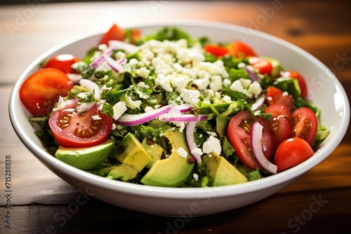  a salad in a bowl with tomatoes  avocado  onions  onions  cheese and lettuce.