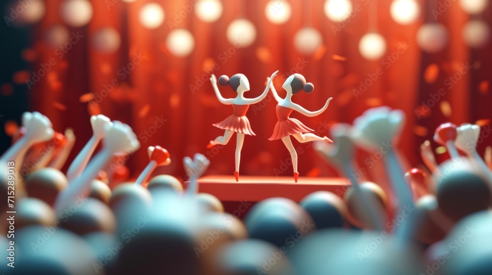 A dainty duo of dancers gracefully pirouetting on a stage made from a matchbox surrounded by a cheering audience of thumbsized spectators - obrazy, fototapety, plakaty 