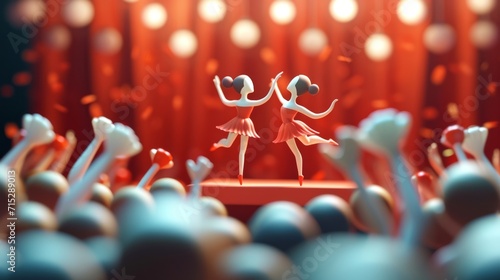 A dainty duo of dancers gracefully pirouetting on a stage made from a matchbox surrounded by a cheering audience of thumbsized spectators