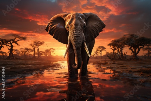  a painting of an elephant standing in a body of water with trees in the background and a sunset in the background.