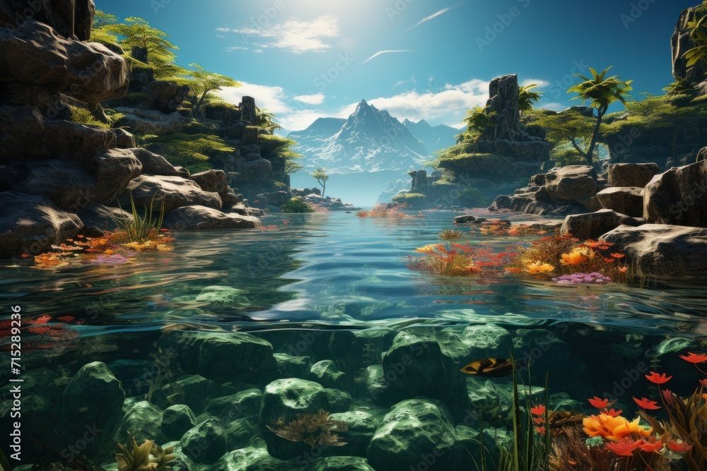  a digital painting of a river surrounded by rocks and plants with a mountain range in the distance in the background.
