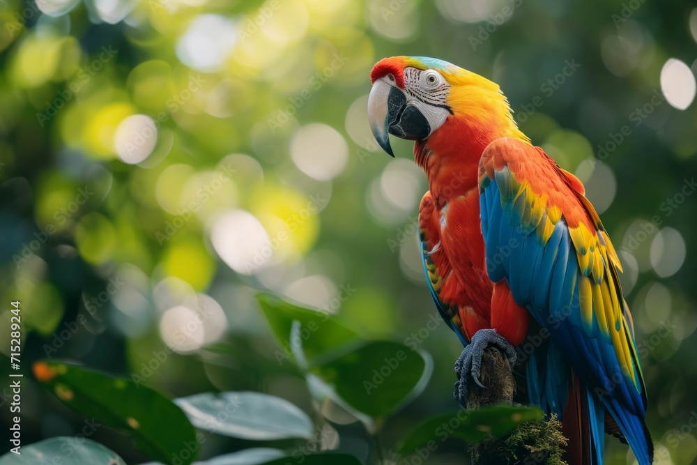 A vibrant macaw perched in a rainforest.
